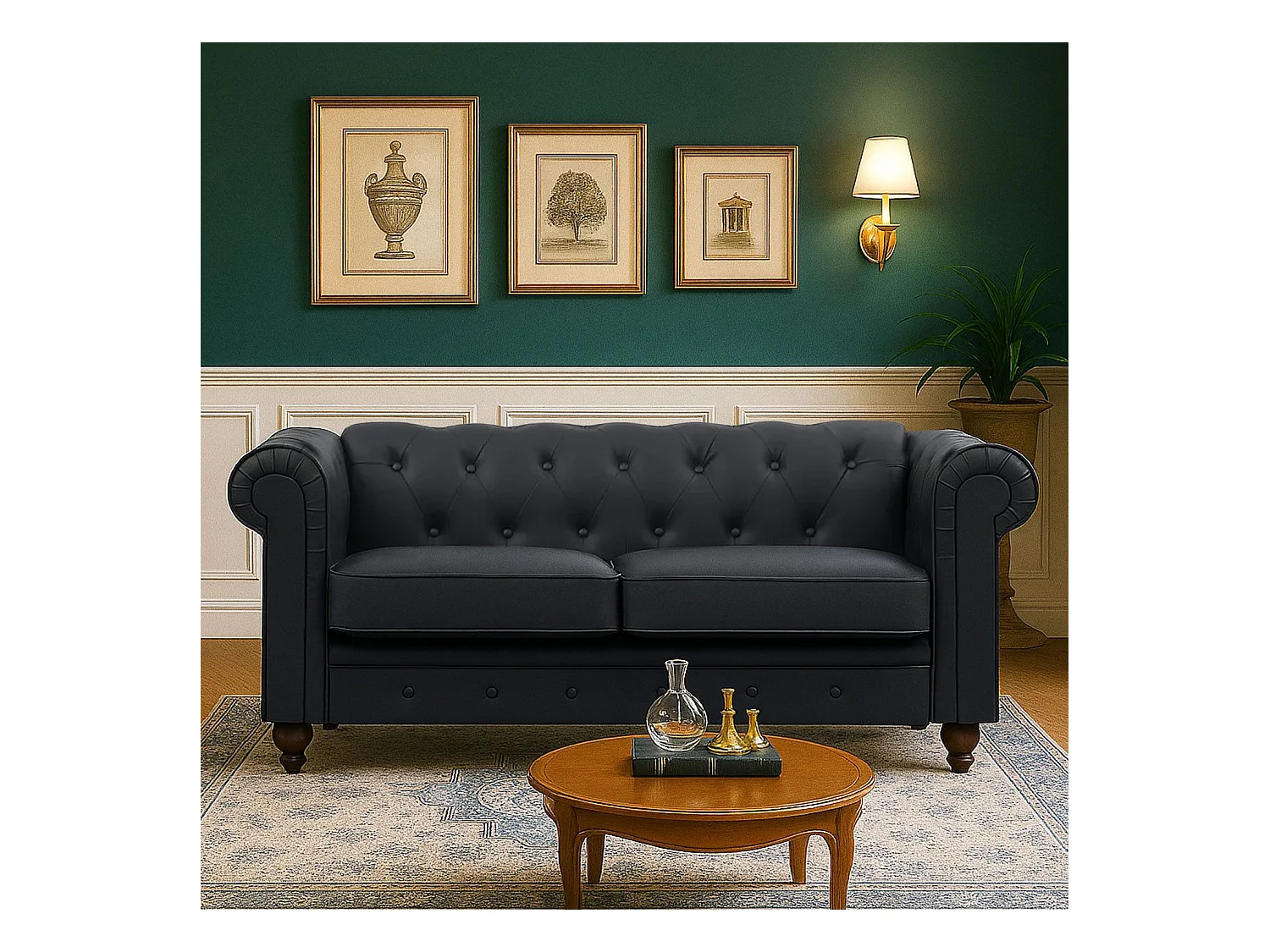 Gran Sofá Chesterfield 2 Plazas Negro 158cm Estilo Acogedor y Elegante