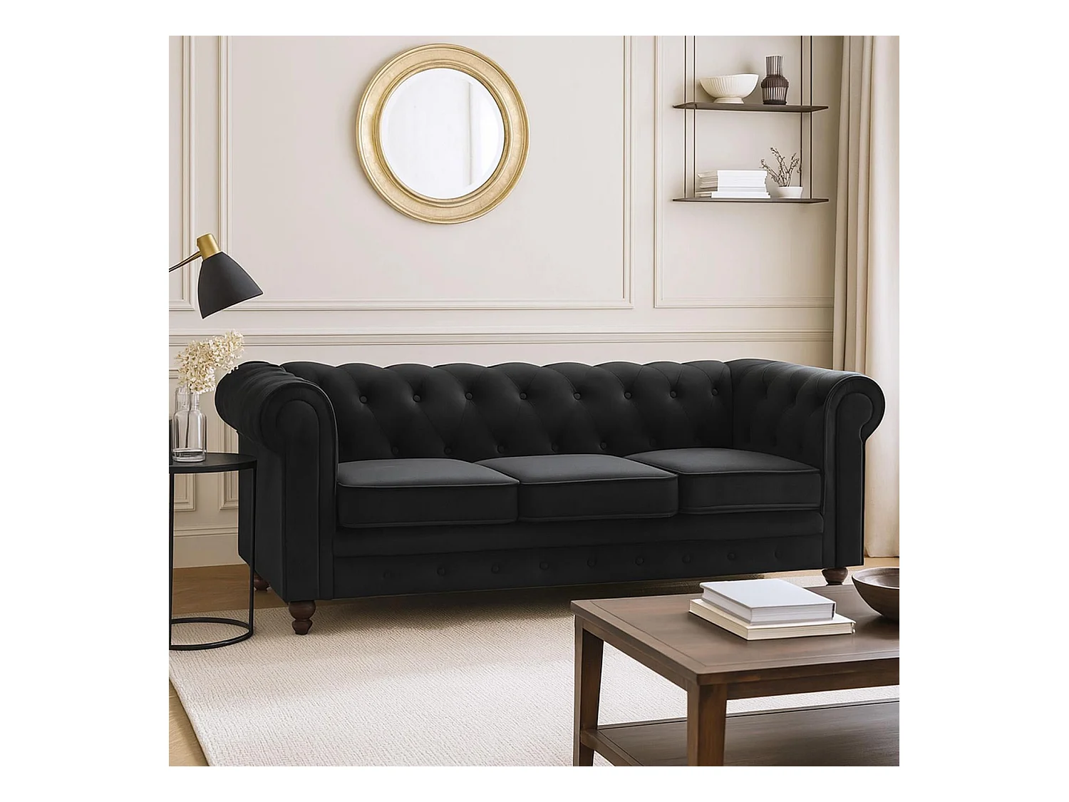 Canapé 3 Places Velours "Chesterfield" 209cm Noir