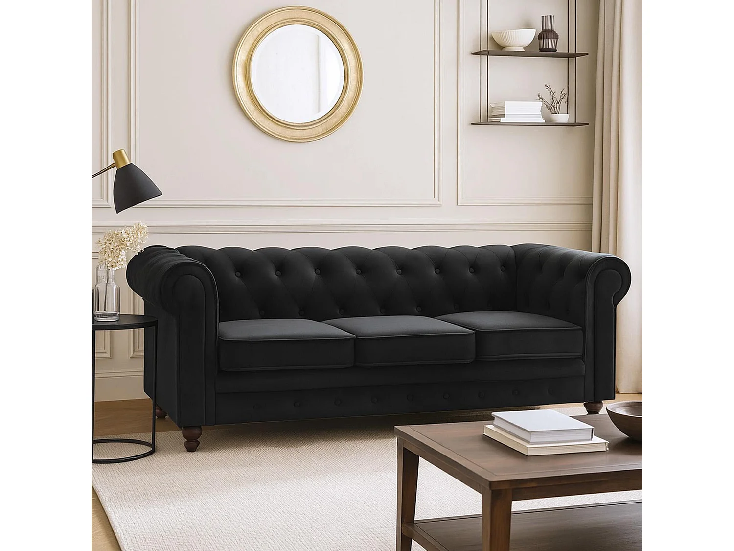 Canapé 3 Places Velours "Chesterfield" 209cm Noir