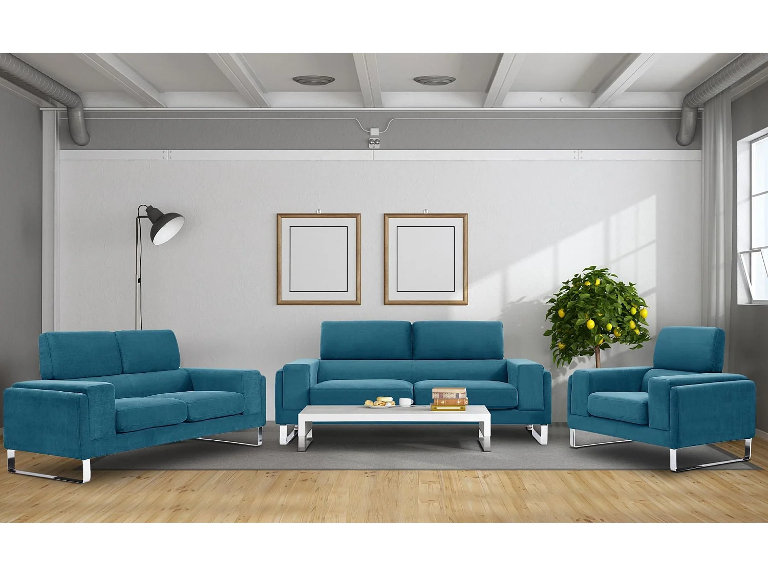 Canapé 3 Places Velours Côtelé "Ezekiel" 198cm Bleu