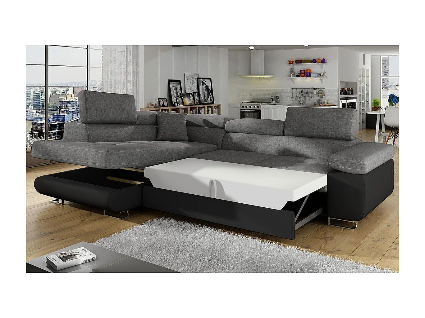 Canapé Convertible d'Angle Gauche "Toms" 275cm Gris