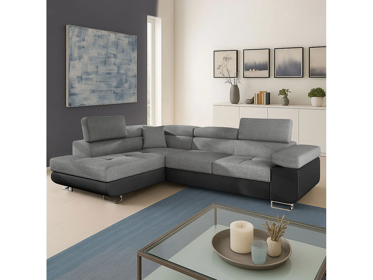 Canapé d'angle convertible Antoni avec têtières relevables Simili Noir et Tissu Gris foncé