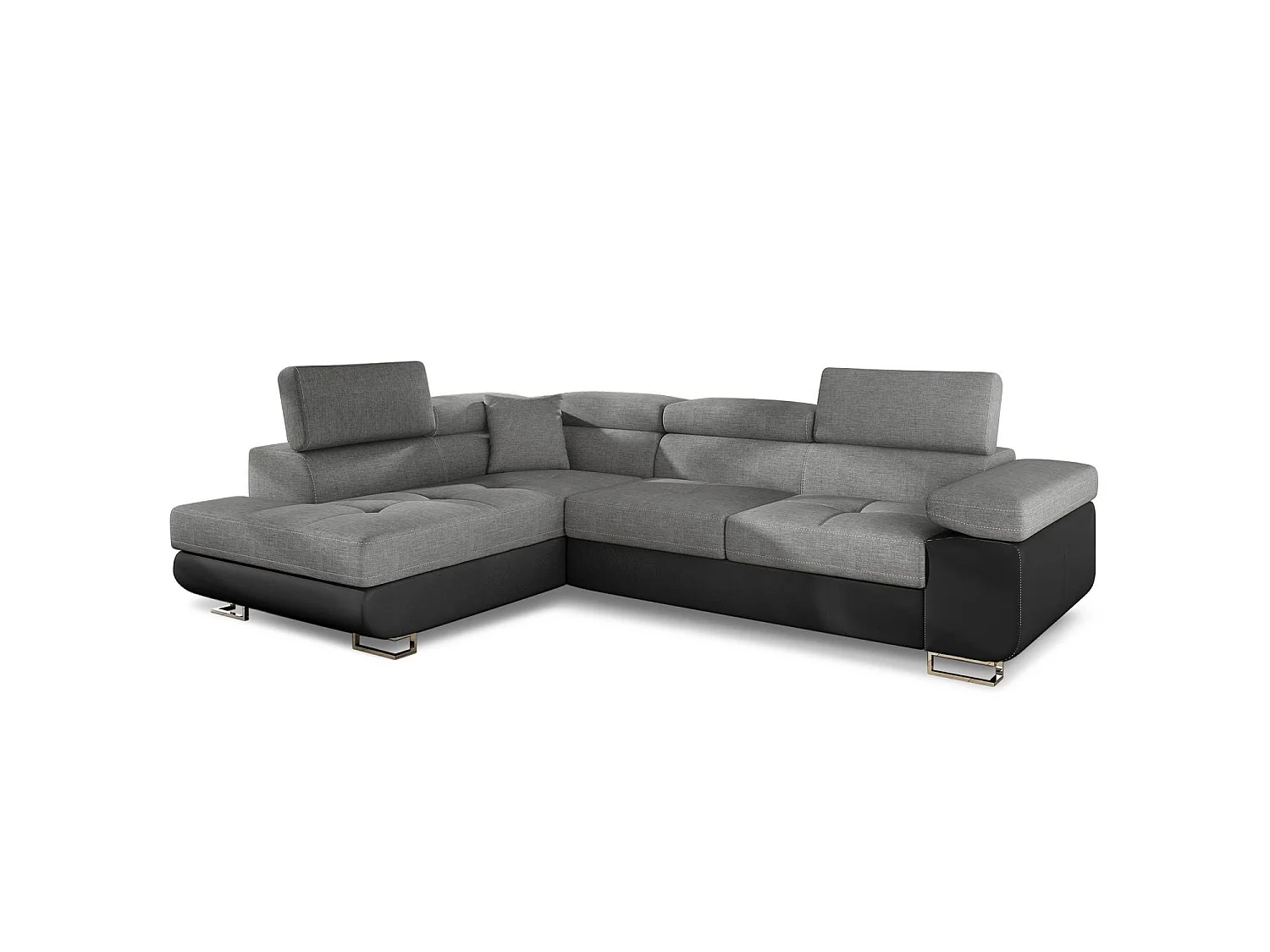 Canapé d'angle convertible Antoni avec têtières relevables Simili Noir et Tissu Gris foncé