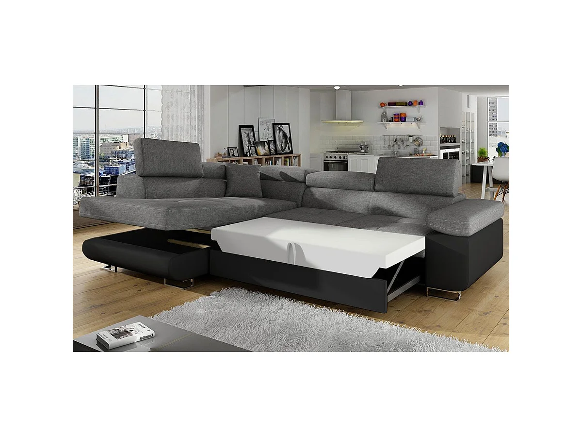 Canapé d'angle convertible Antoni avec têtières relevables Simili Noir et Tissu Gris foncé