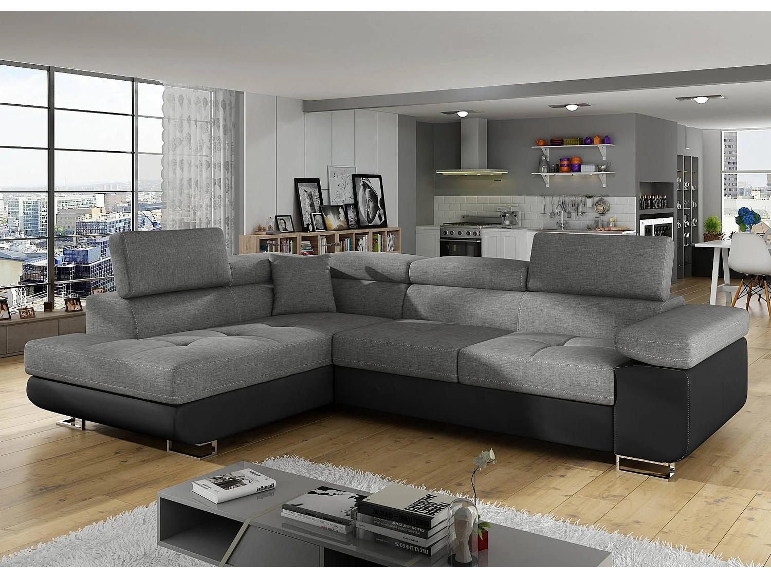 Canapé d'angle convertible Antoni avec têtières relevables Simili Noir et Tissu Gris foncé