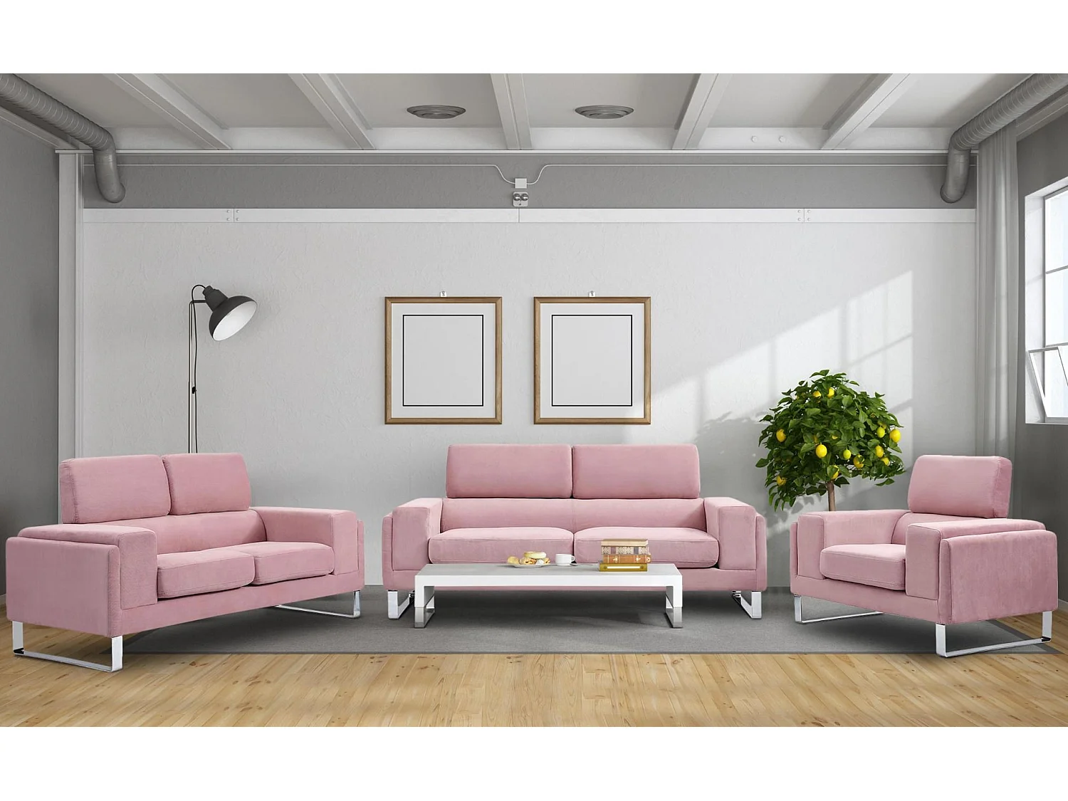 Canapé 3 Places Velours Côtelé "Ezekiel" 198cm Rose