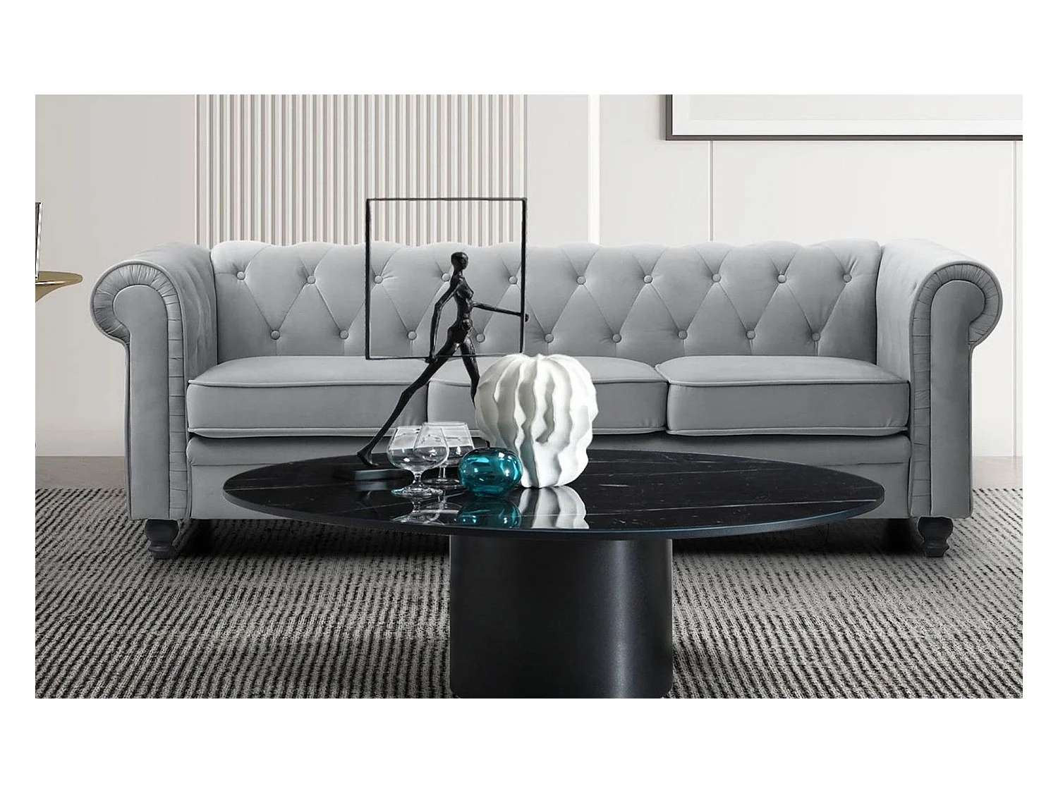 Grande divano a 3 posti Chesterfield in velluto argento