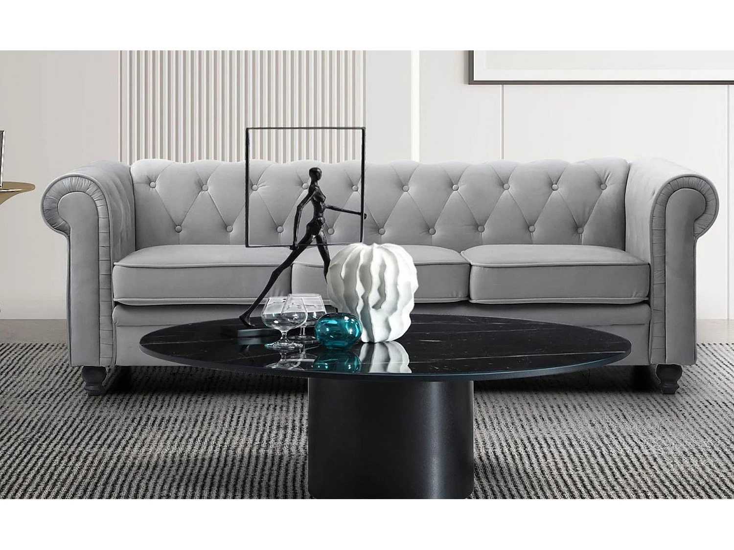 Canapé 3 Places Velours "Chesterfield" 209cm Argent