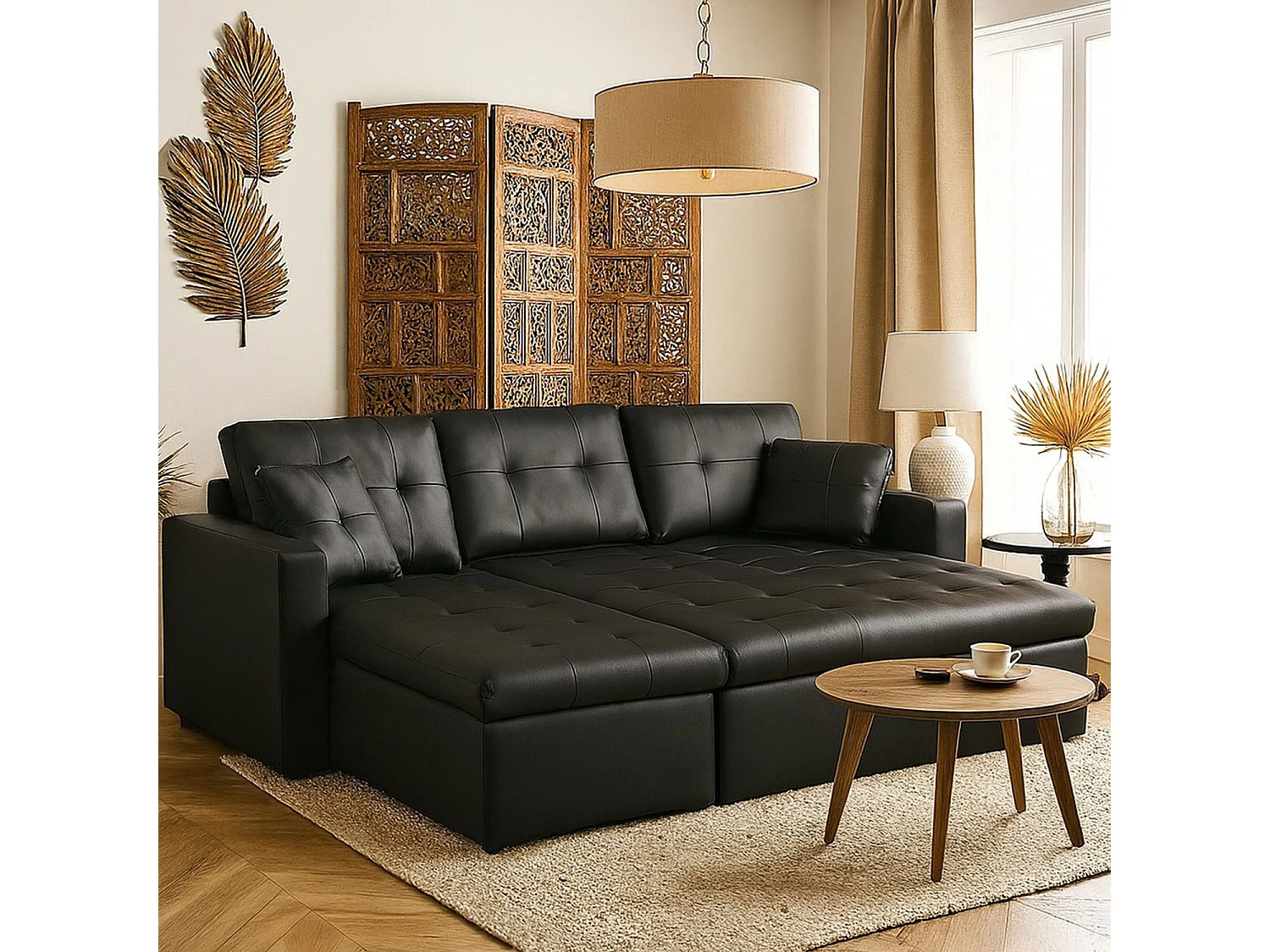 Sofá Cama Esquinero Convertible Toledo Negro 230cm Diseño Moderno