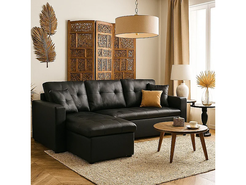 Canapé d'Angle Convertible "Corto" 230cm Noir