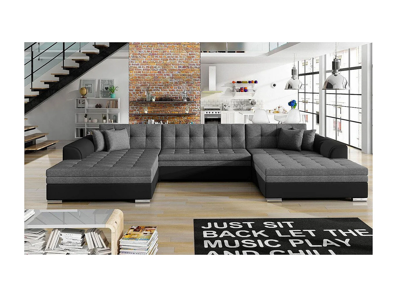Canapé Panoramique Convertible "Ascobar" 365cm Noir & Gris