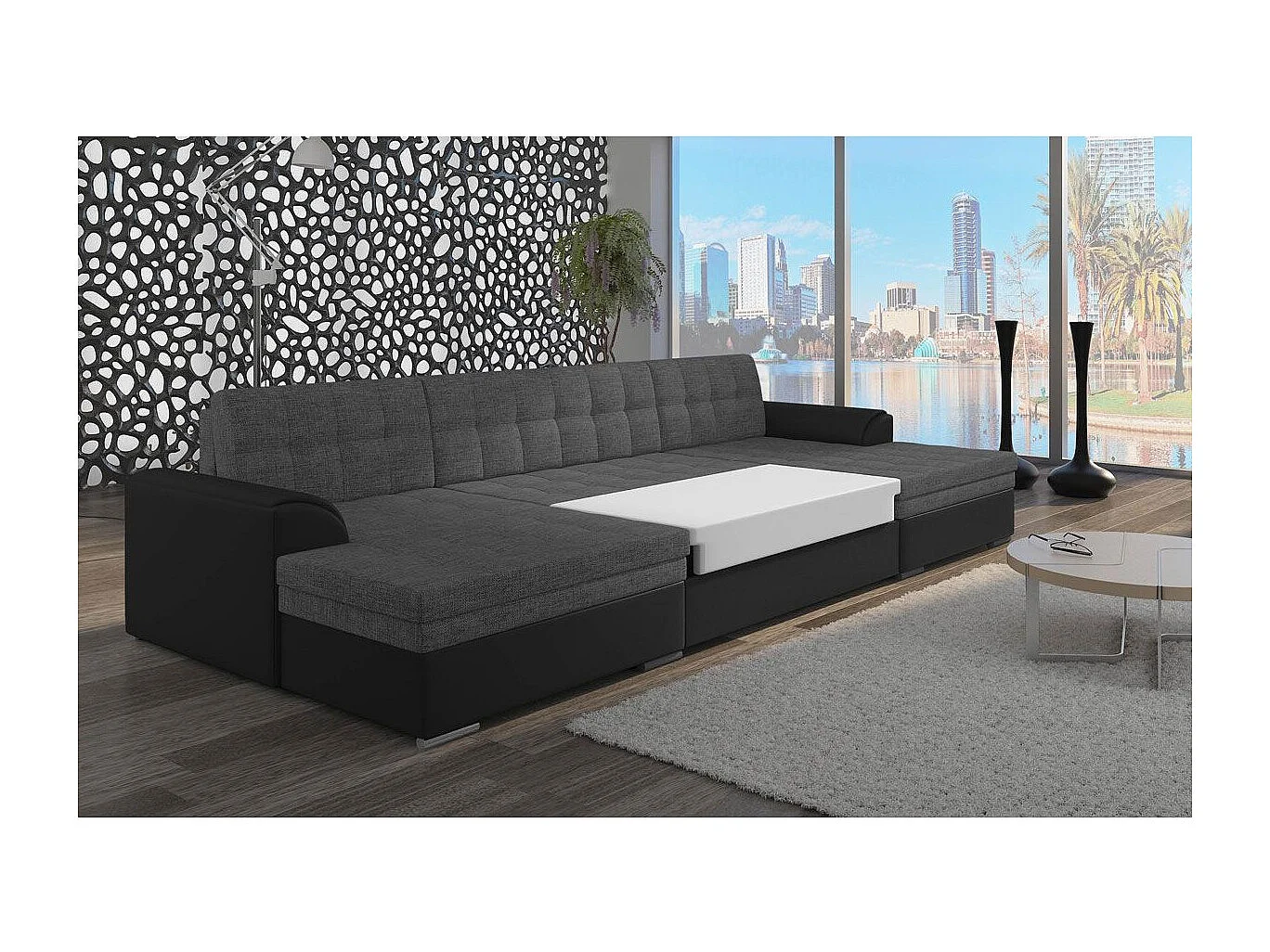 Canapé Panoramique Convertible "Ascobar" 365cm Noir & Gris