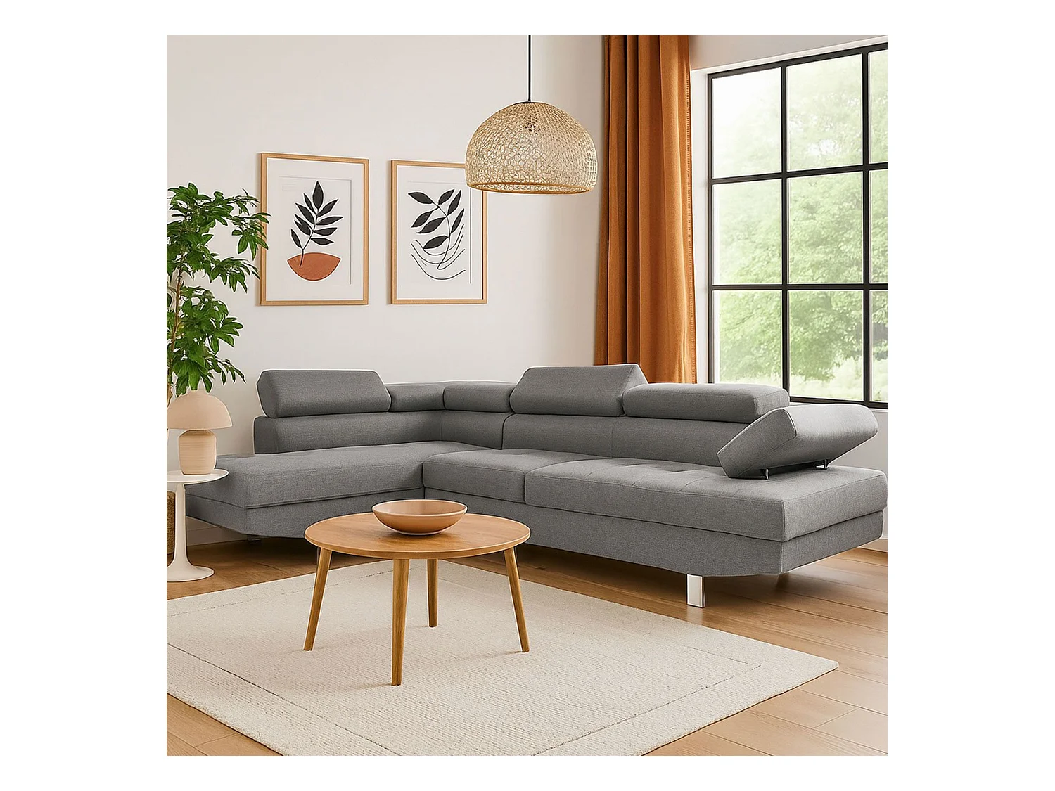 Canapé d'Angle Gauche en Tissu "Têtière" 260cm Gris