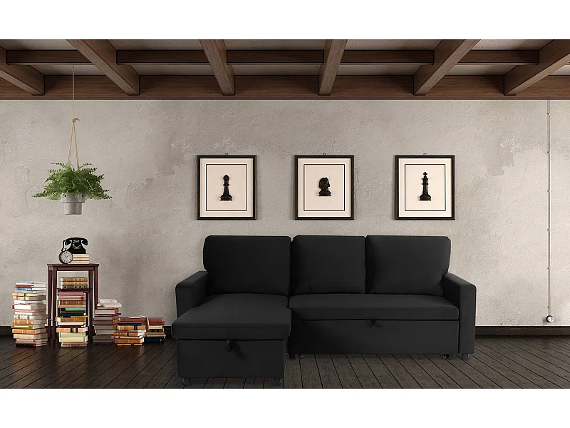 Canapé d'Angle Gauche Convertible "Minera" 215cm Noir