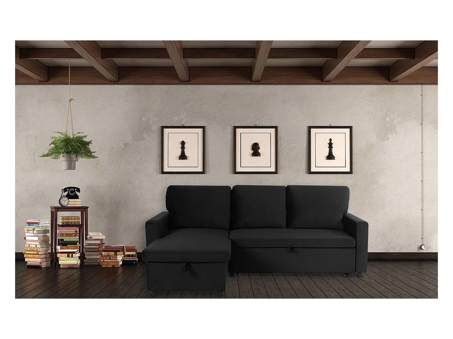 Canapé d'Angle Gauche Convertible "Minera" 215cm Noir