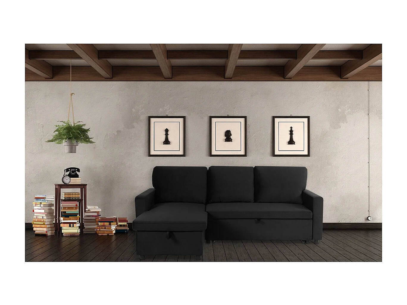 Canapé d'Angle Gauche Convertible "Minera" 215cm Noir