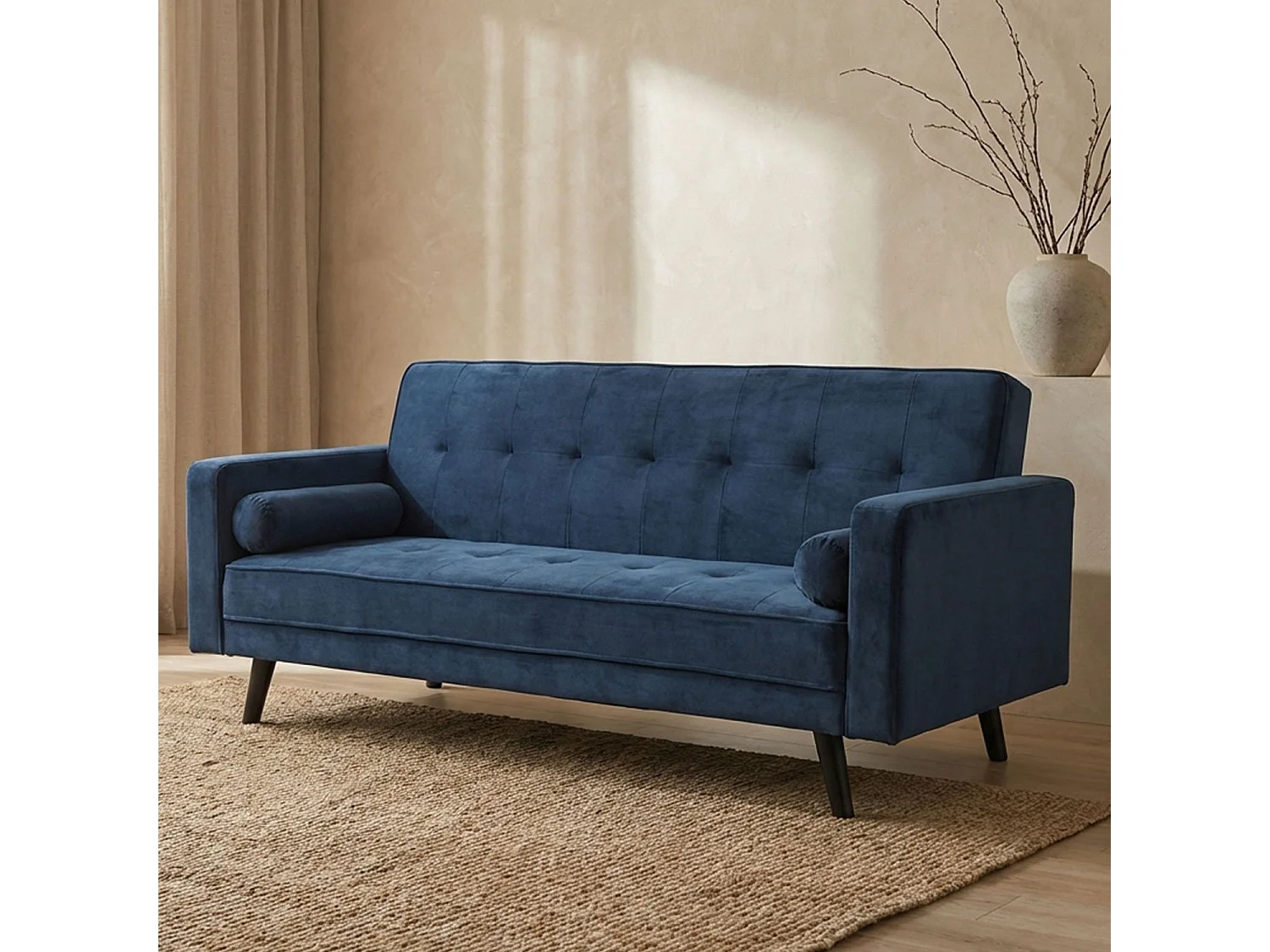 Skandinavisches Schlafsofa "Navya" aus blauem Samt, 3-Sitzer