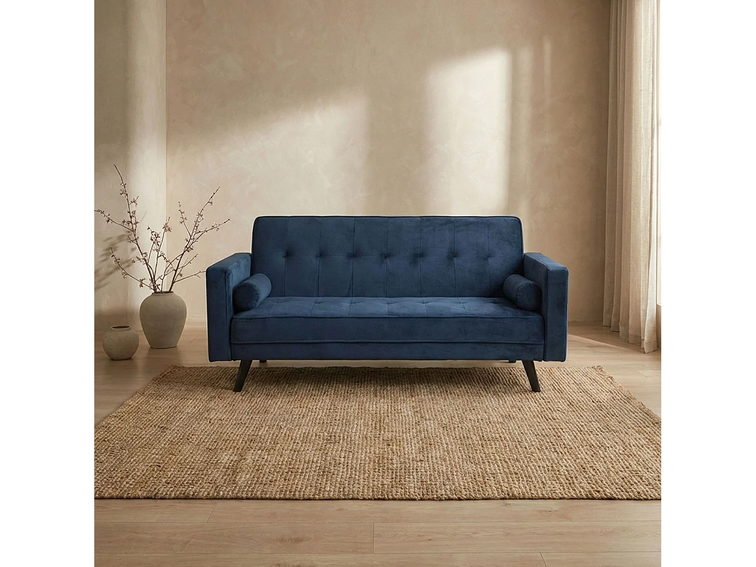 Skandinavisches Schlafsofa "Navya" aus blauem Samt, 3-Sitzer
