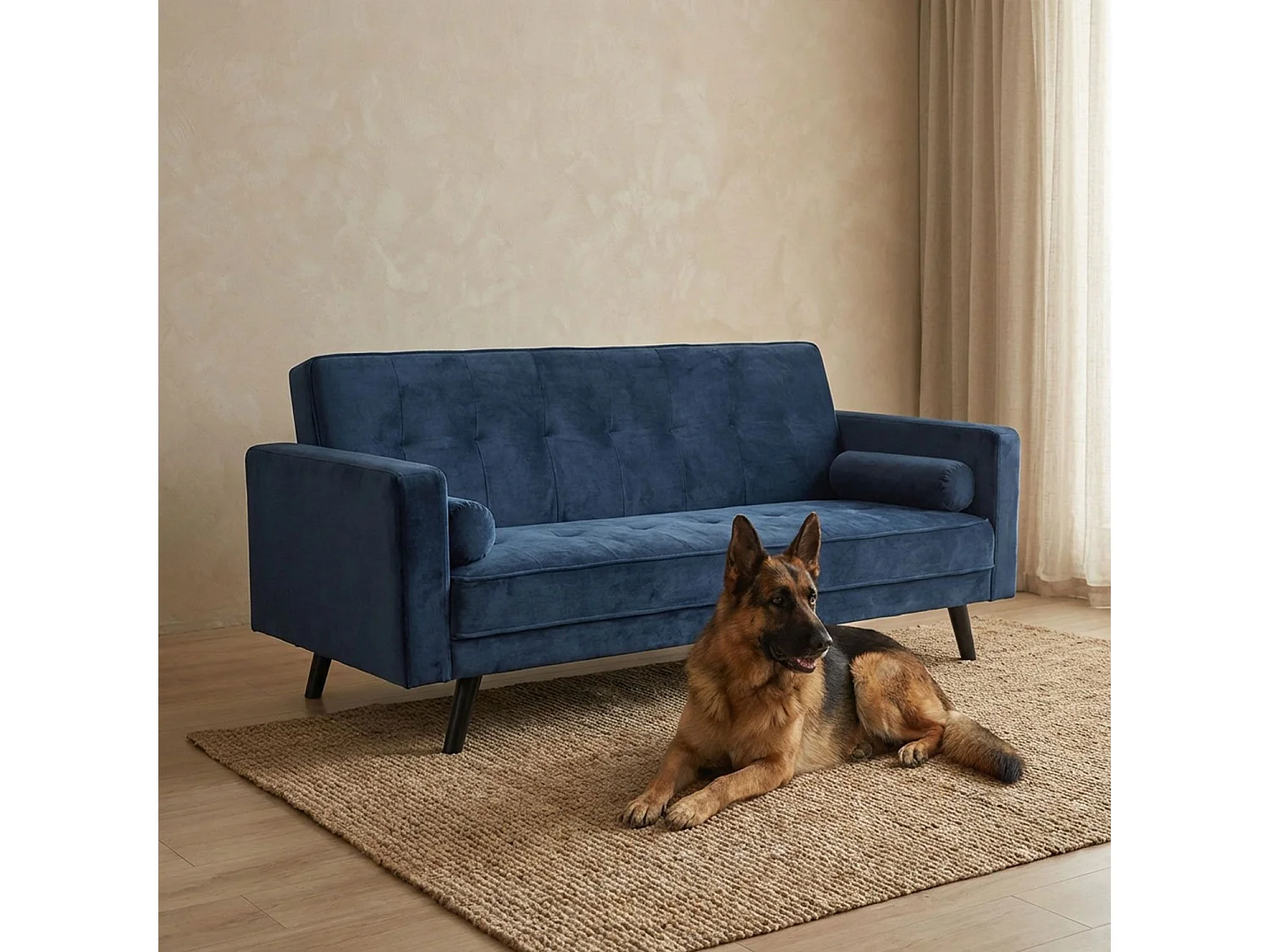 Skandinavisches Schlafsofa "Navya" aus blauem Samt, 3-Sitzer