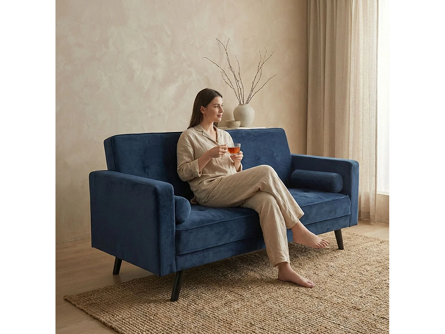Skandinavisches Schlafsofa "Navya" aus blauem Samt, 3-Sitzer