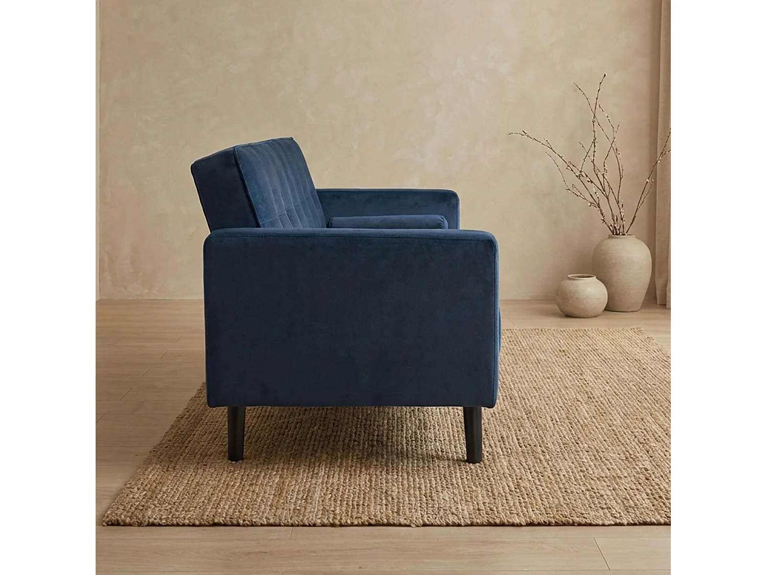 Skandinavisches Schlafsofa "Navya" aus blauem Samt, 3-Sitzer
