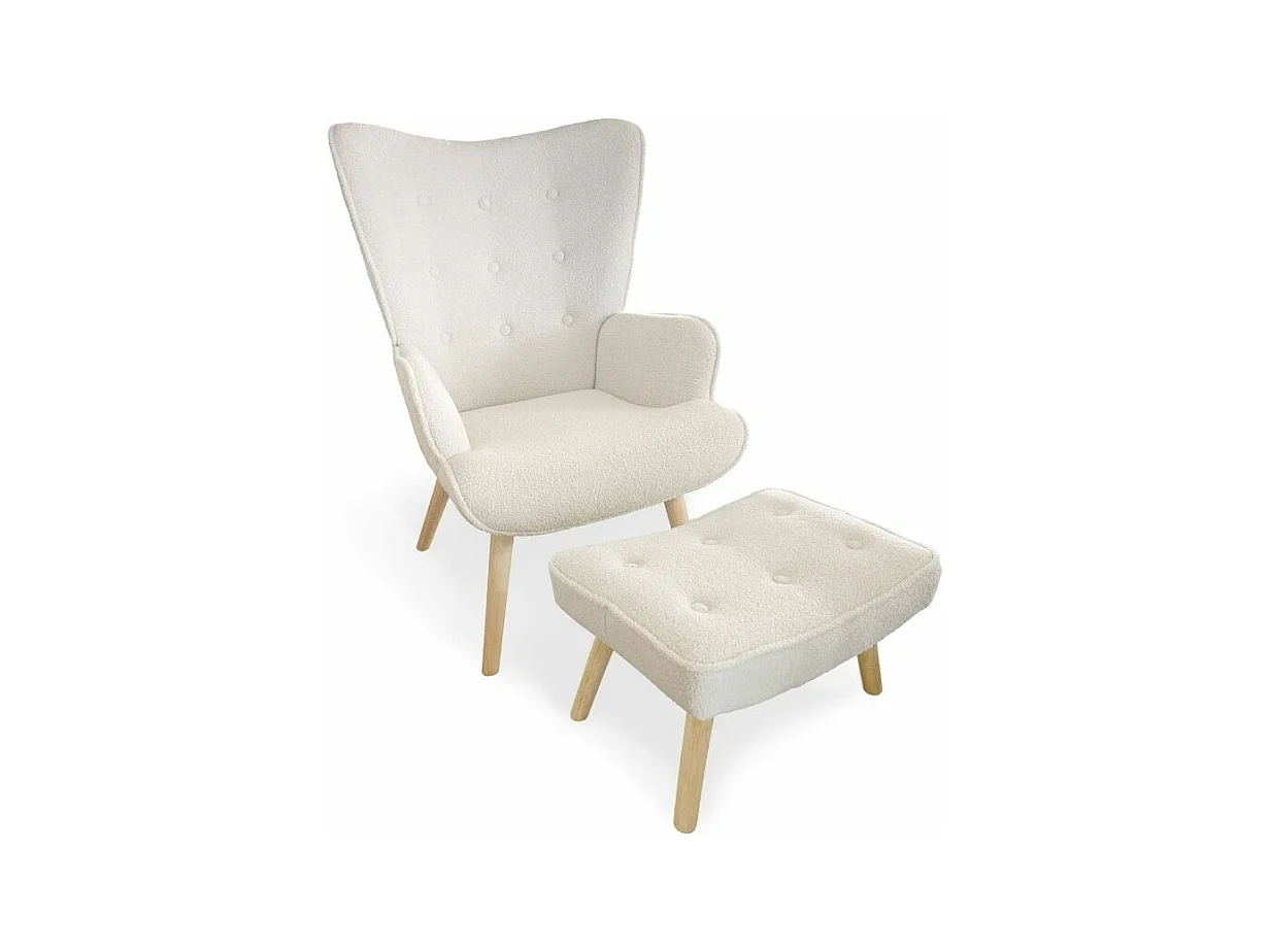 Fauteuil & Pouf Scandinave en Bouclette Lainée "Orle" 98cm Crème