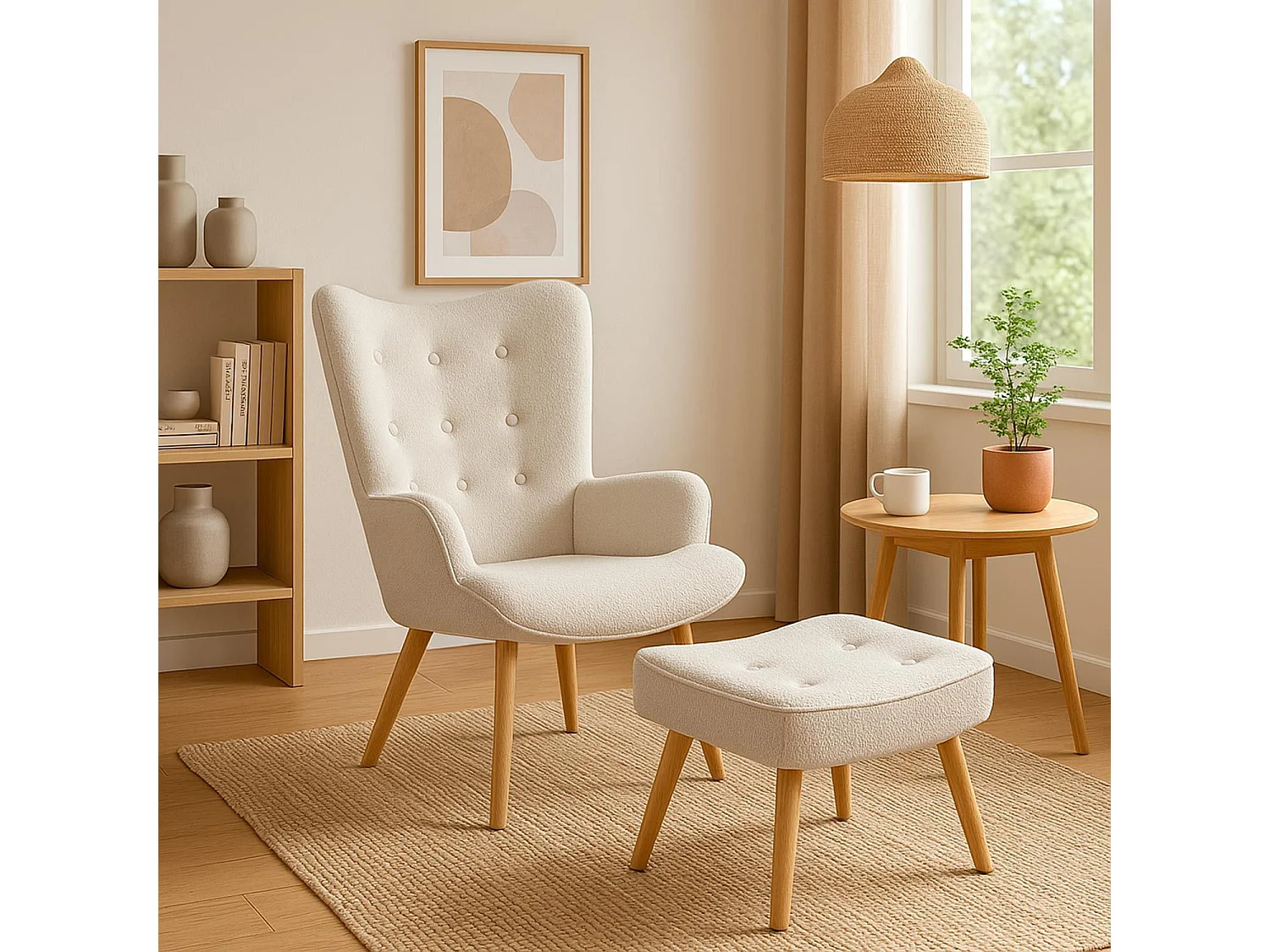Fauteuil & Pouf Scandinave en Bouclette Lainée "Orle" 98cm Crème