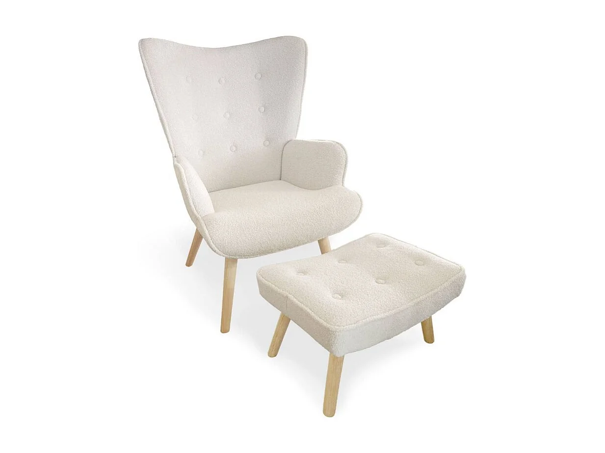 Fauteuil & Pouf Scandinave en Bouclette Lainée "Orle" 98cm Crème