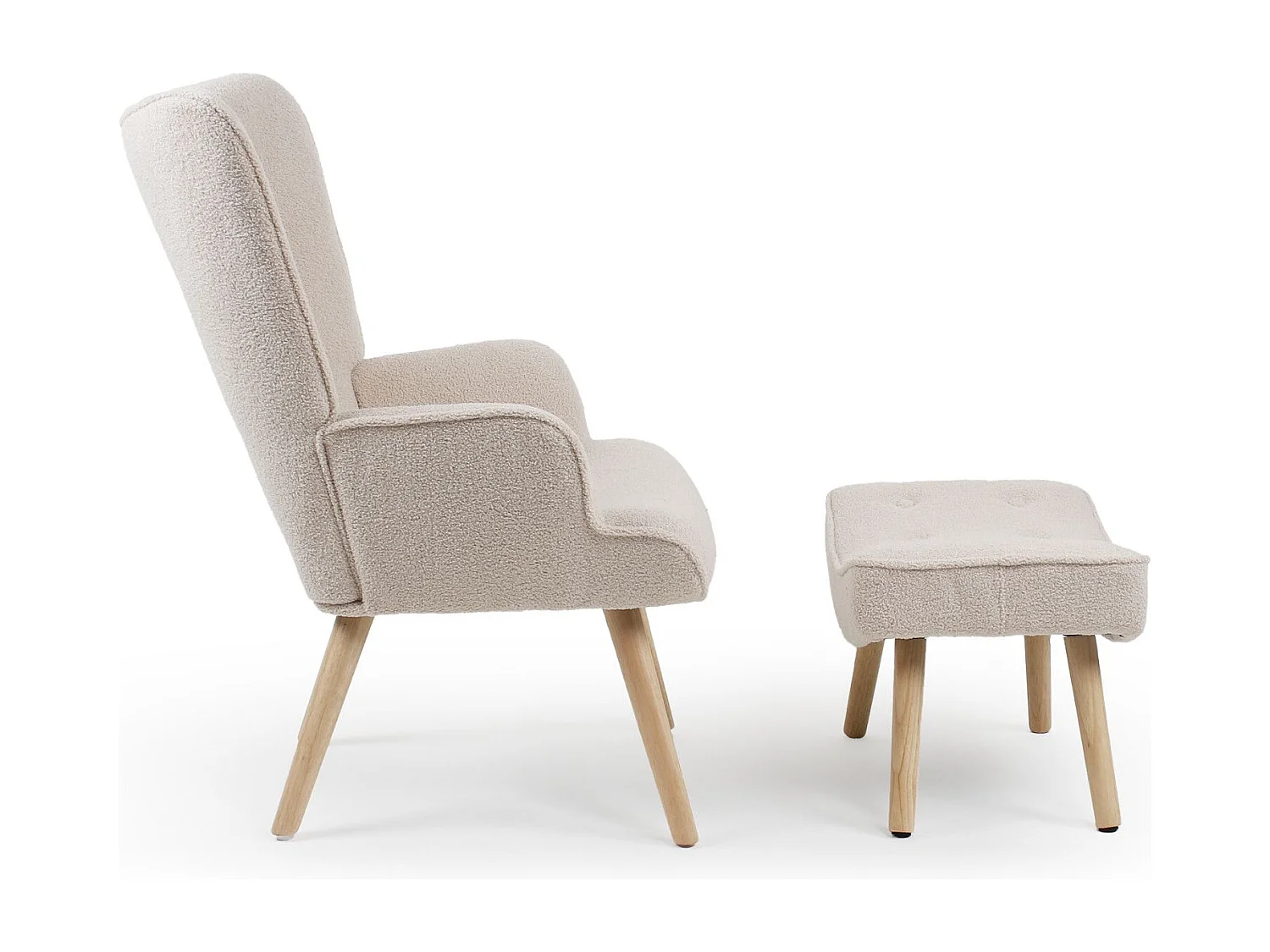 Fauteuil & Pouf Scandinave en Bouclette Lainée "Orle" 98cm Crème