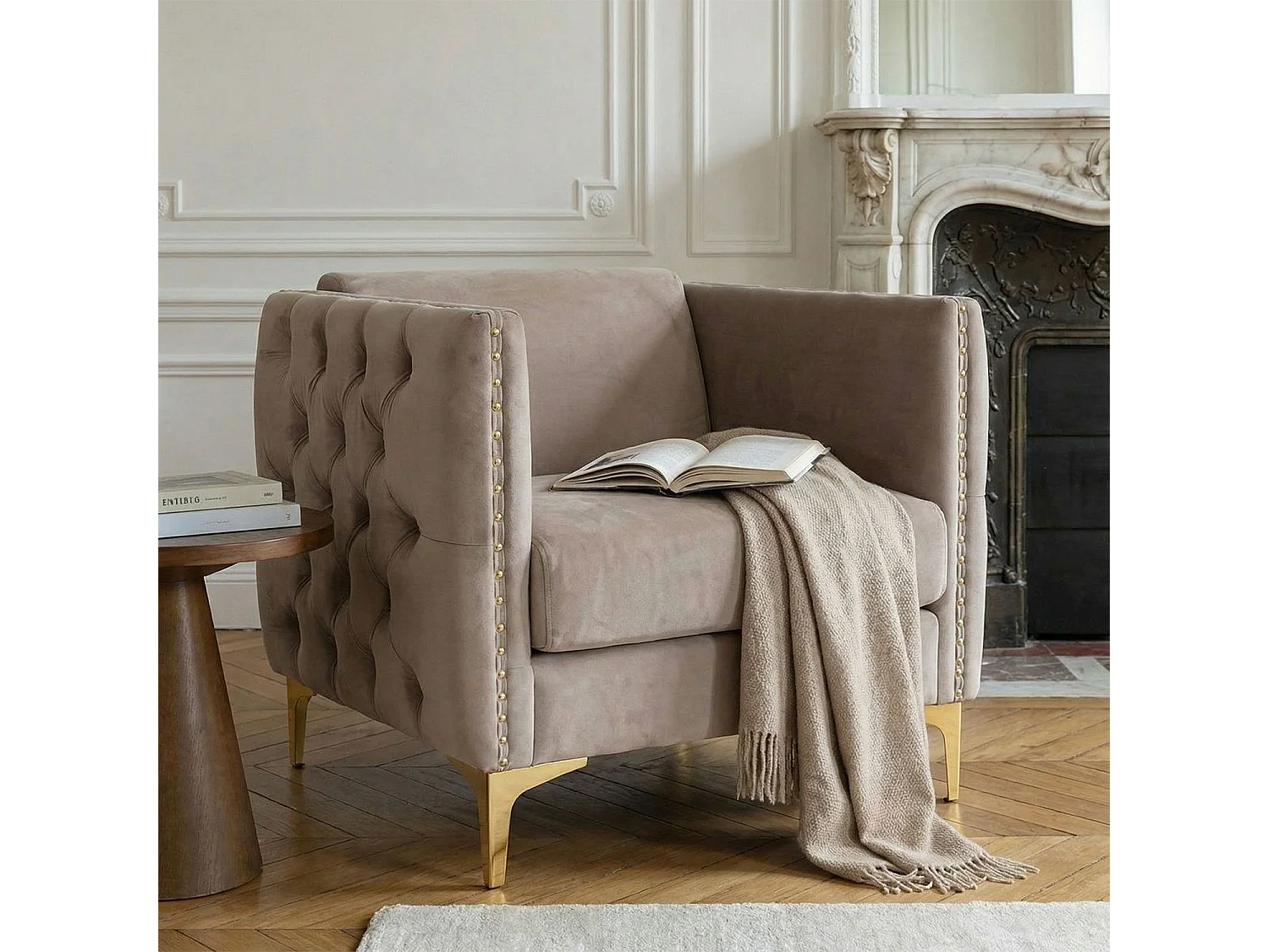 Fauteuil Design en Velours "Suez" 83cm Taupe