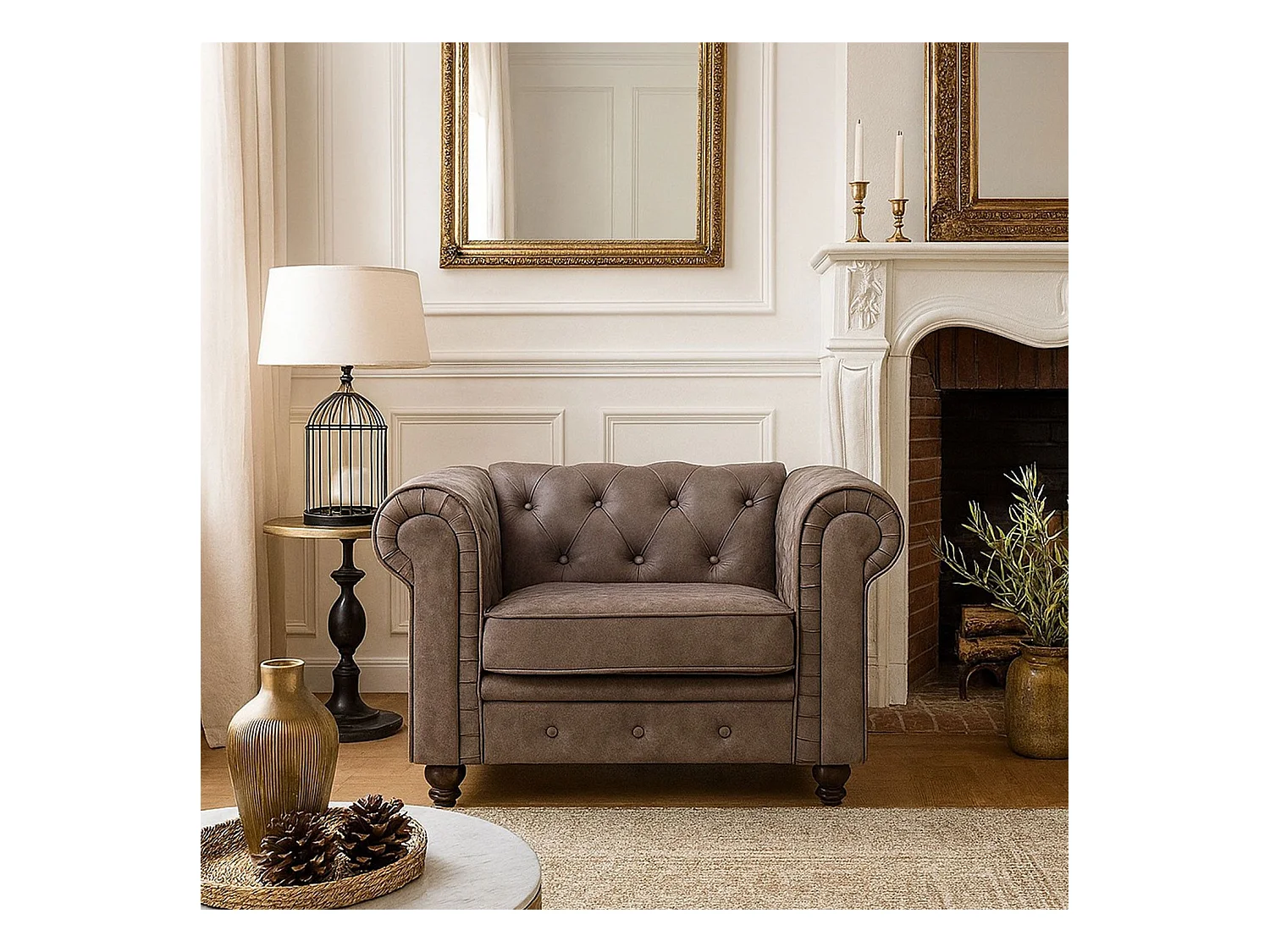 Fauteuil Design "Chesterfield" 110cm Tissu Vintage