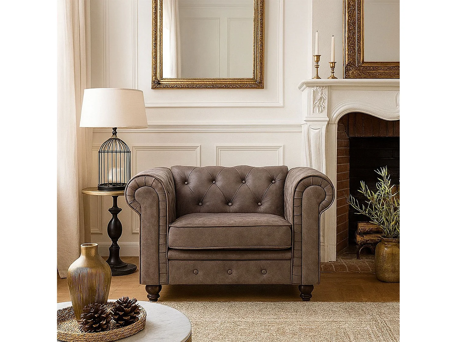 Fauteuil Design "Chesterfield" 110cm Tissu Vintage