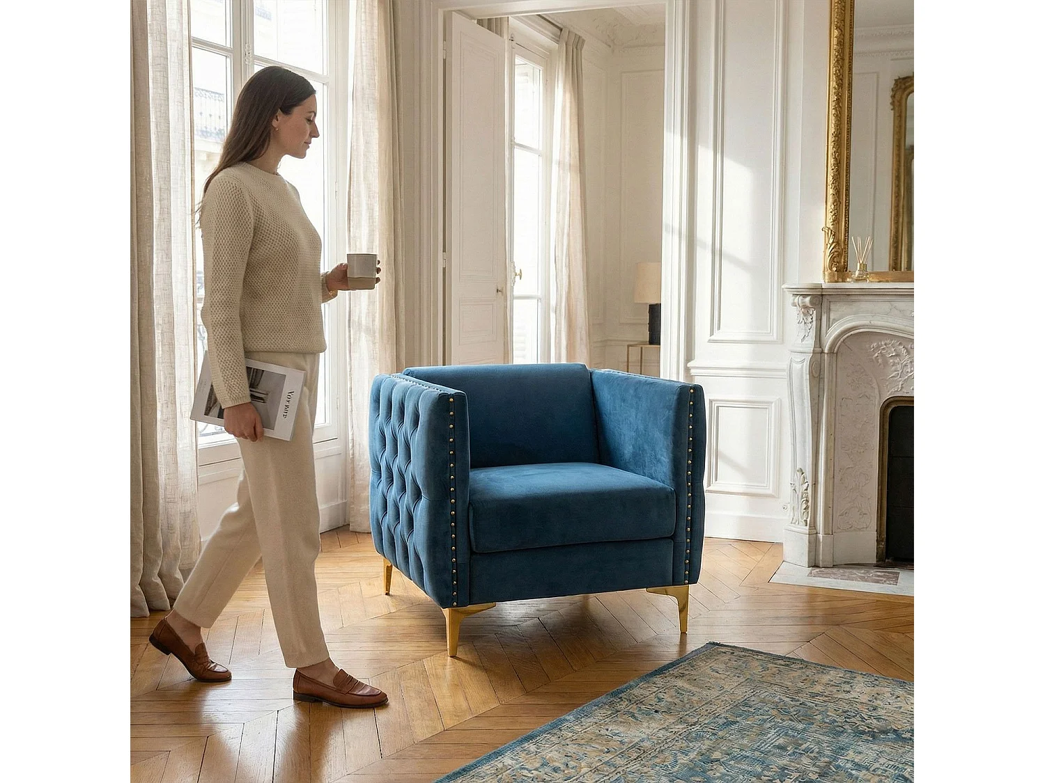 Fauteuil Design en Velours "Suez" 83cm Bleu