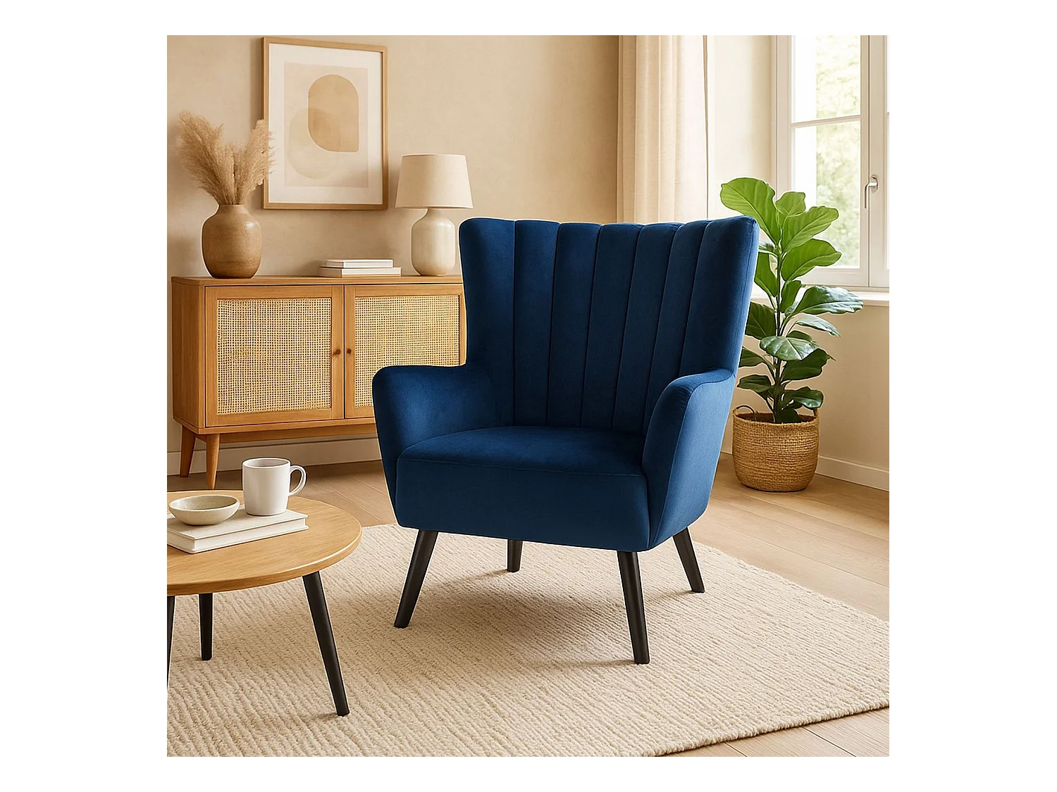 Fauteuil Scandinave Velours "Velvet" 94cm Bleu