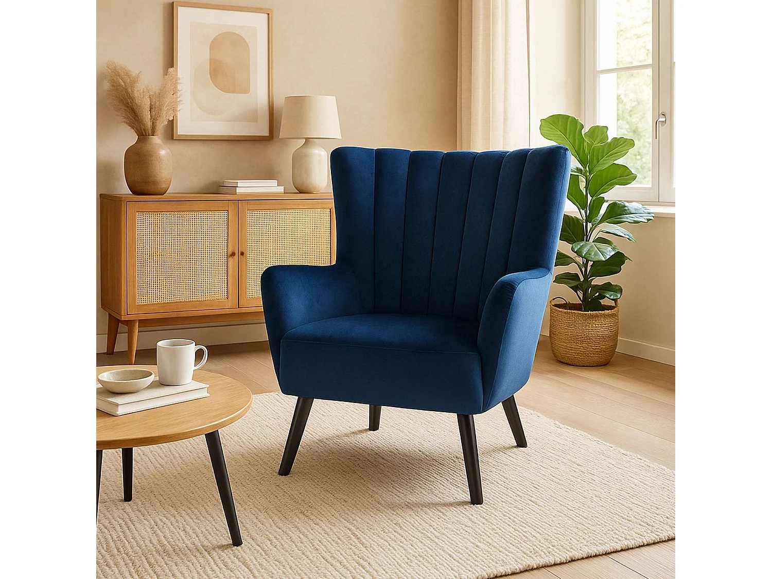 Fauteuil Scandinave Velours "Velvet" 94cm Bleu