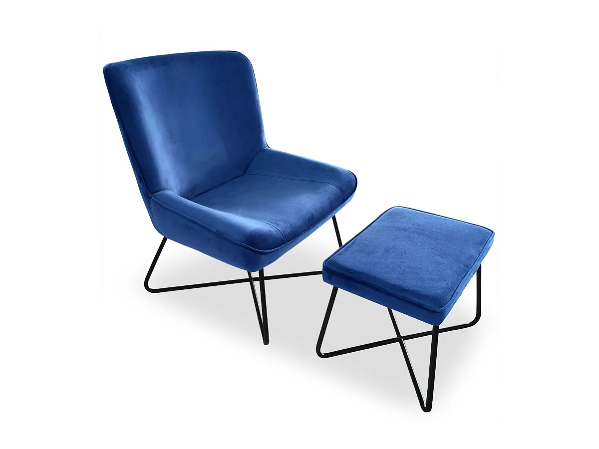 Fauteuil + pouf Georgie Velours Bleu