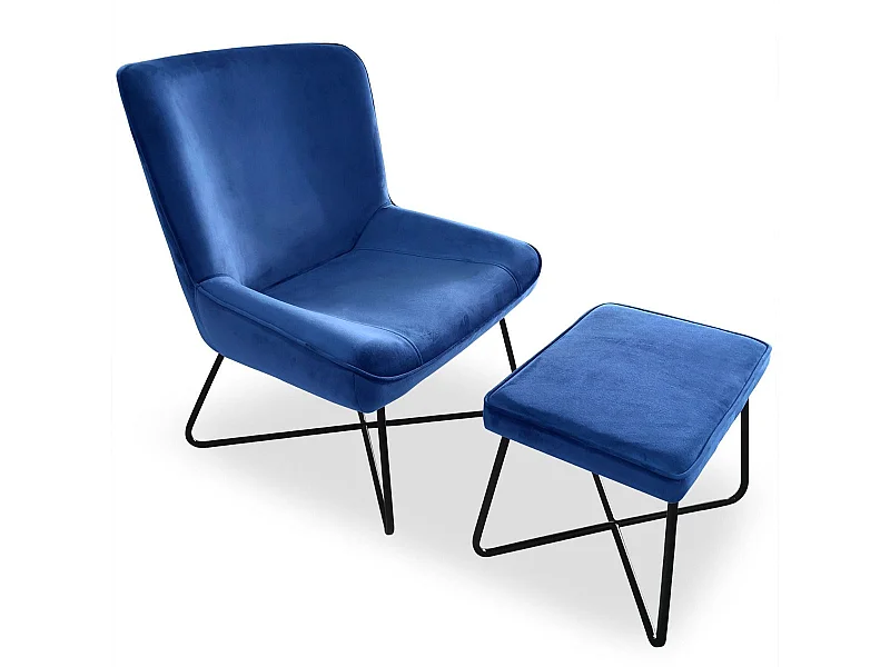Fauteuil + pouf Georgie Velours Bleu
