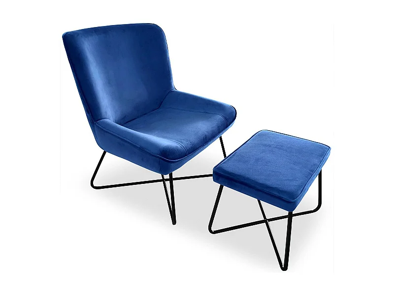 Fauteuil + pouf Georgie Velours Bleu