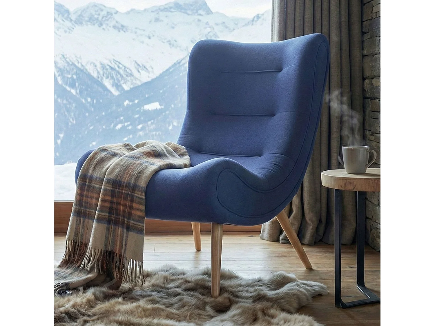 Fauteuil Scandinave en Tissu "Roman" 95cm Bleu