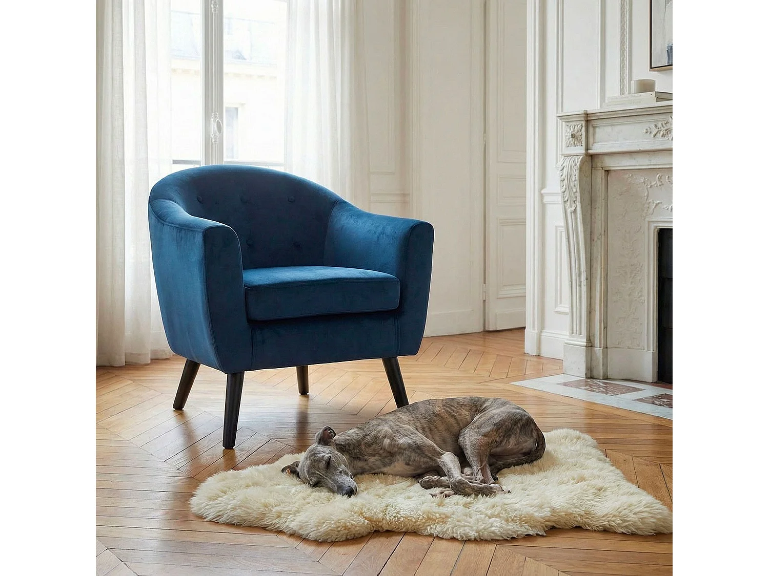 Fauteuil Scandinave Velours "Lopy" 79cm Bleu
