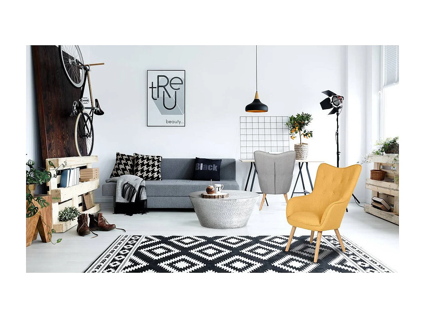 Bequemer gelber skandinavischer Sessel mit gepolstertem Rücken - Modell Klarys