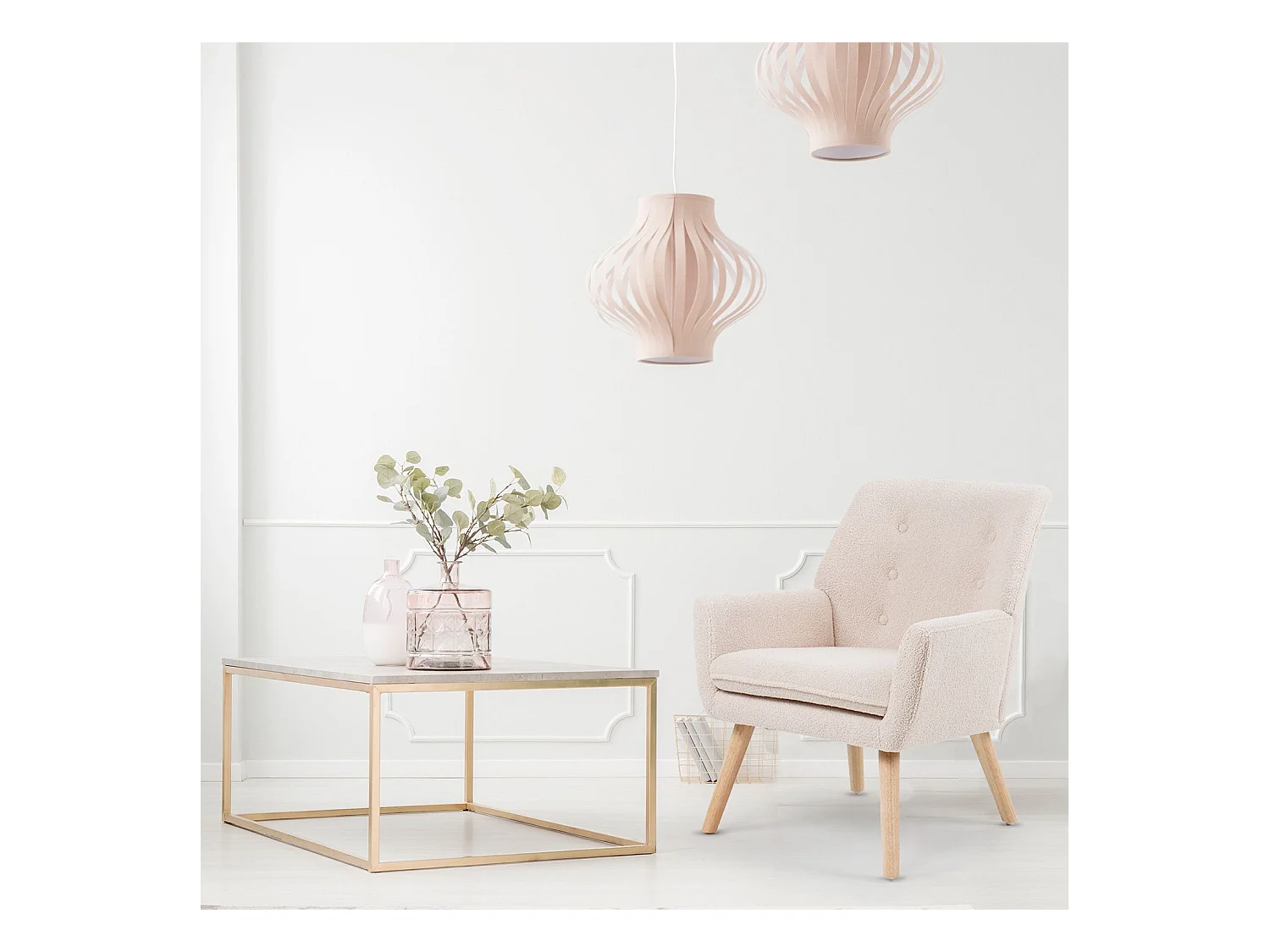 Fauteuil Scandinave en Bouclette Lainée "Tia" 85cm Crème