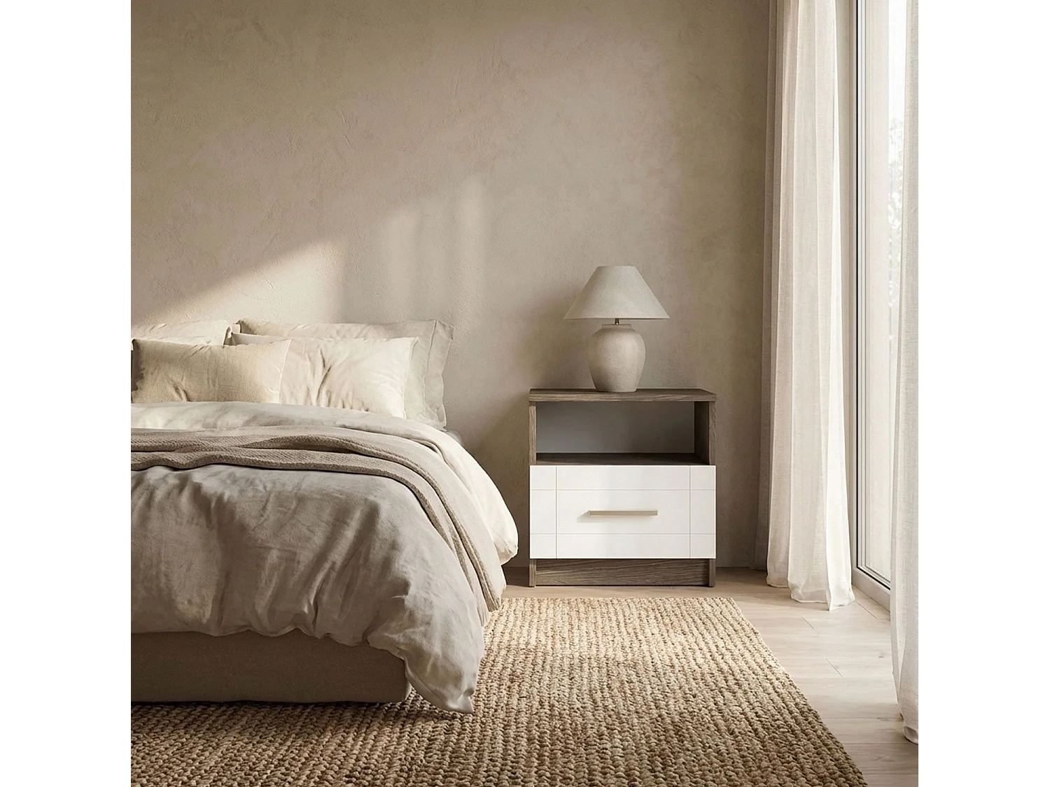 Table de Chevet "Tenya" 50cm Chêne Foncé & Blanc