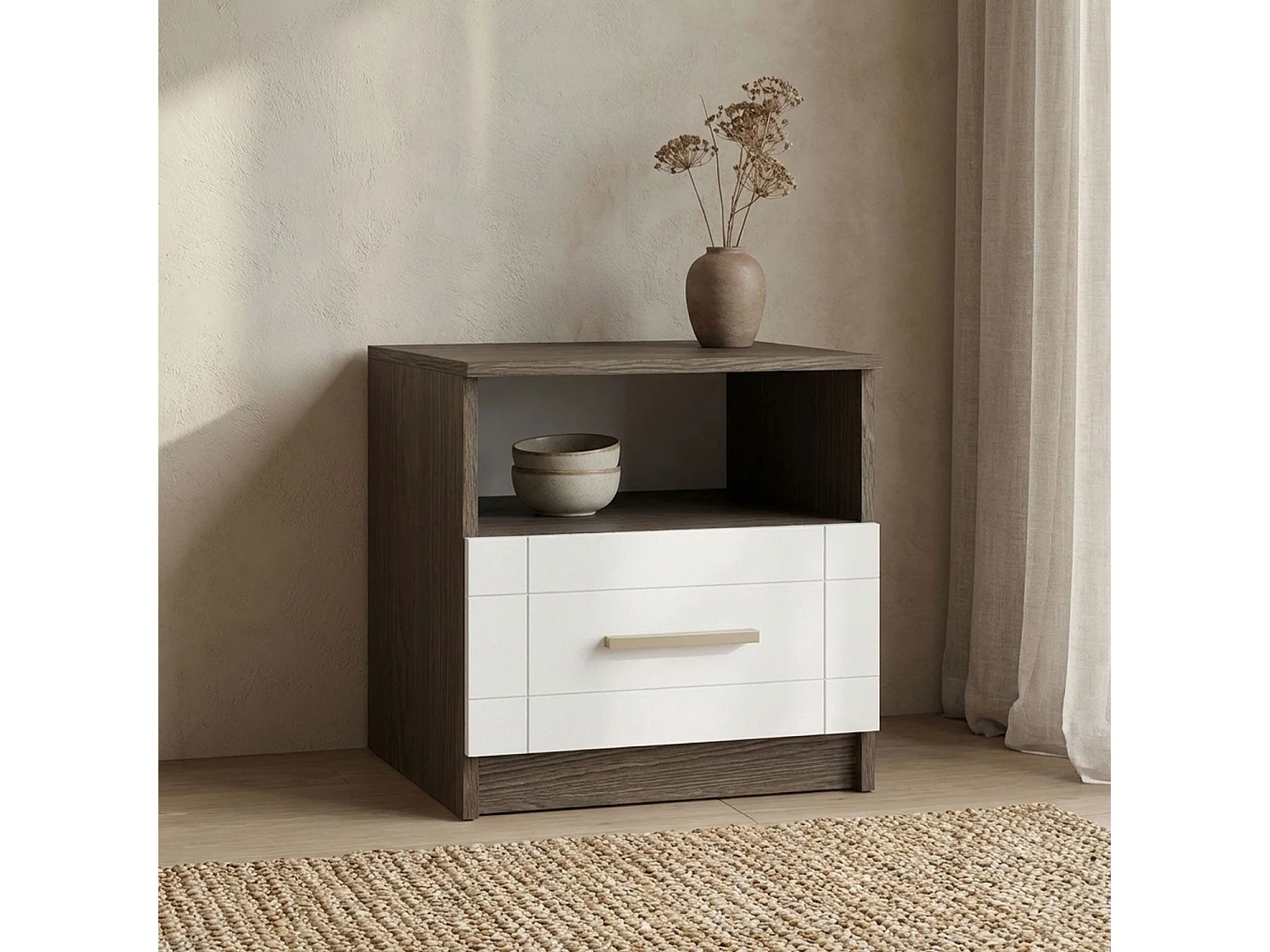 Table de Chevet "Tenya" 50cm Chêne Foncé & Blanc