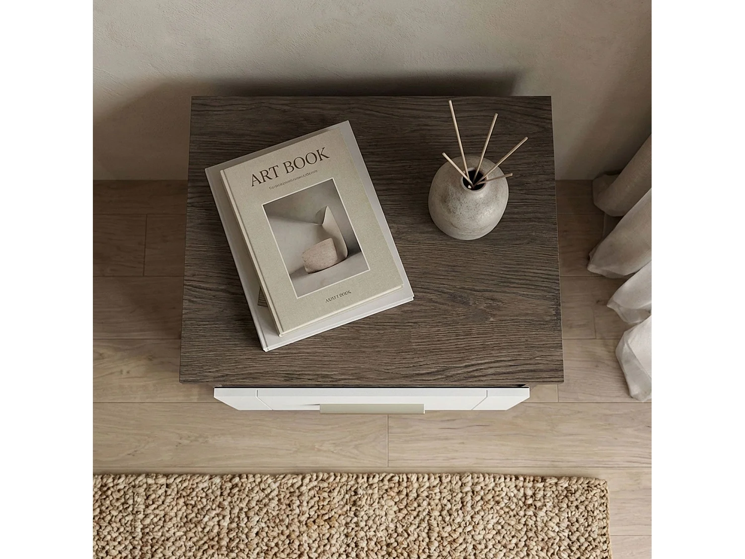 Table de Chevet "Tenya" 50cm Chêne Foncé & Blanc