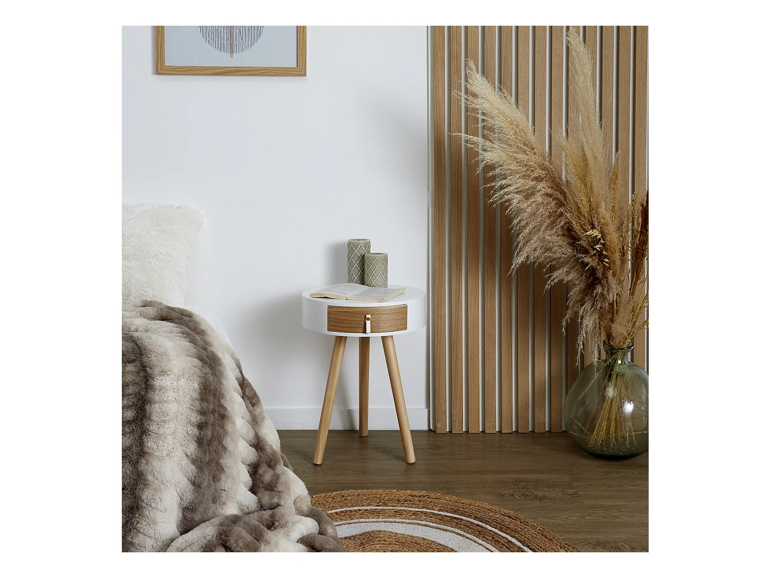 Chevet Nora Blanc 34.5x34.5x47cm Blanc, Marron