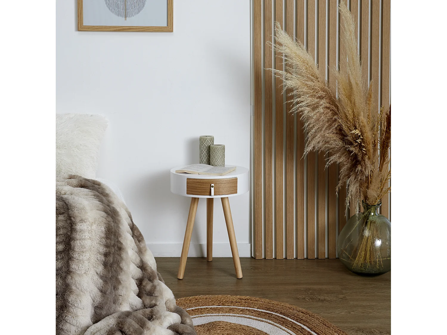 Chevet Nora Blanc 34.5x34.5x47cm Blanc, Marron