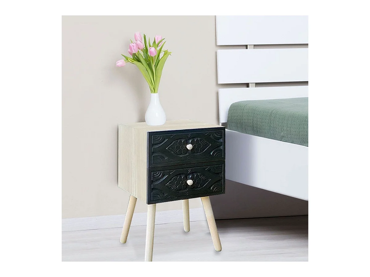 Table de Chevet 2 Tiroirs "Tomina" 42cm Noir