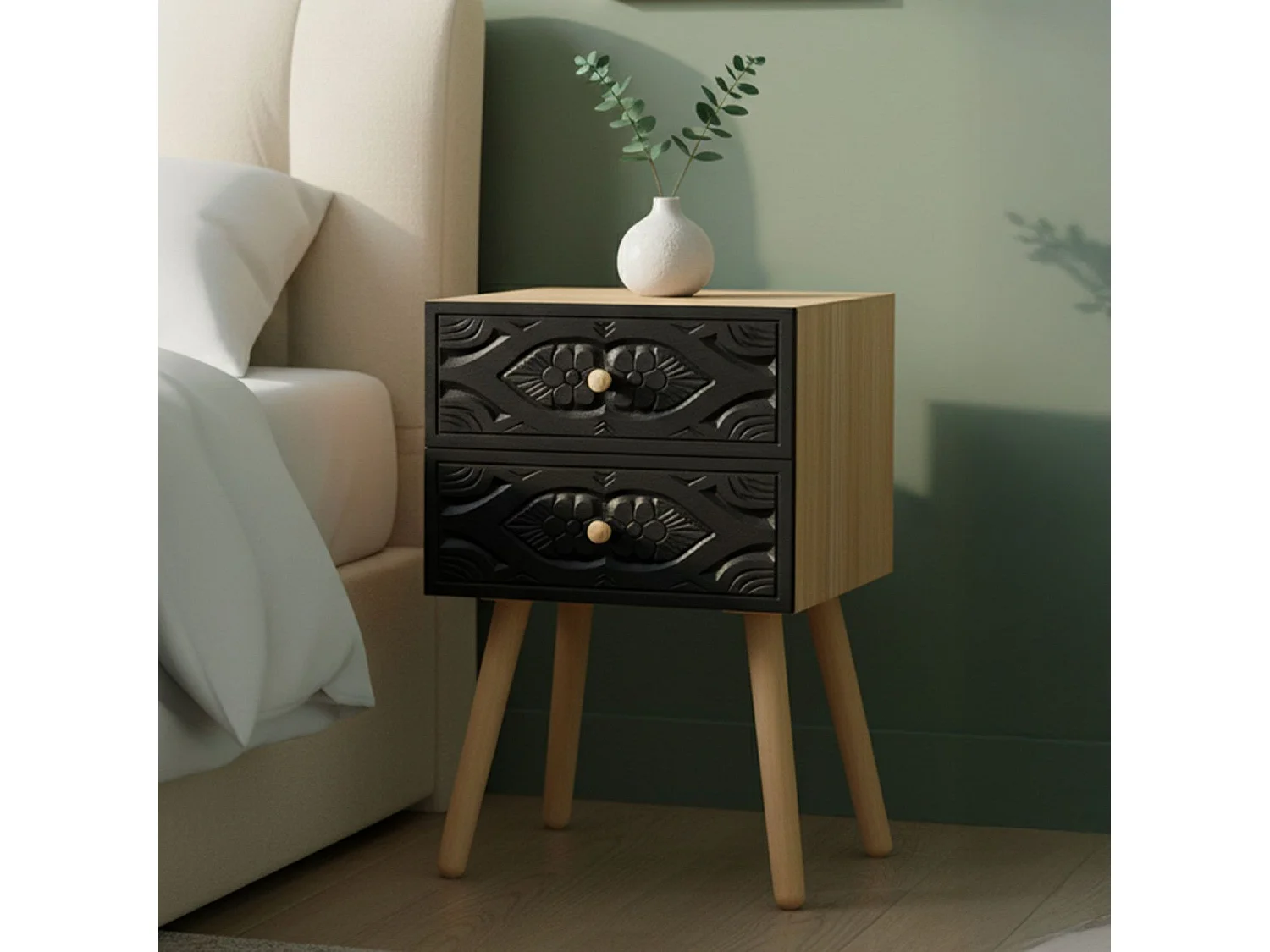 Table de Chevet 2 Tiroirs "Tomina" 42cm Noir