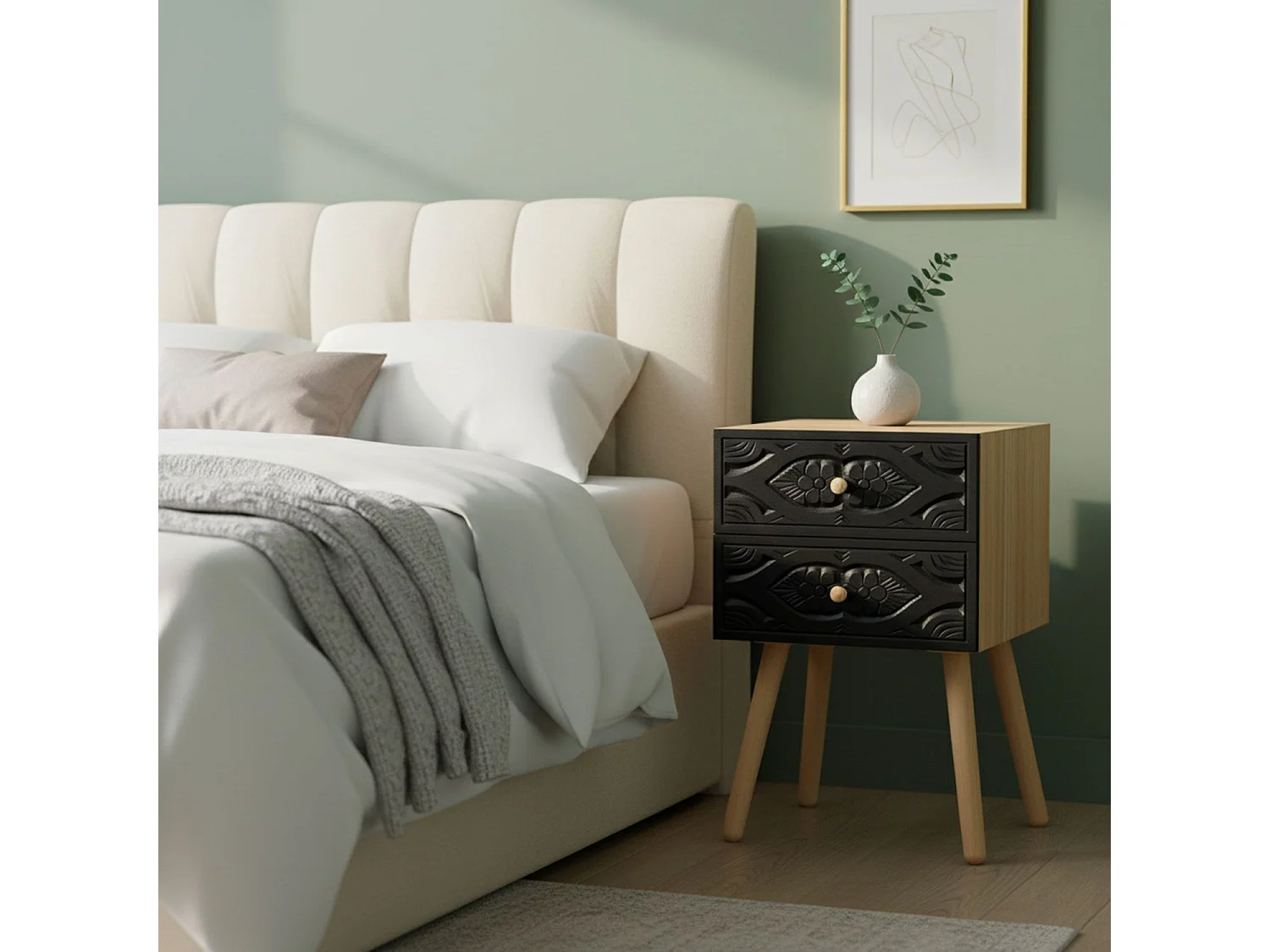 Table de Chevet 2 Tiroirs "Tomina" 42cm Noir